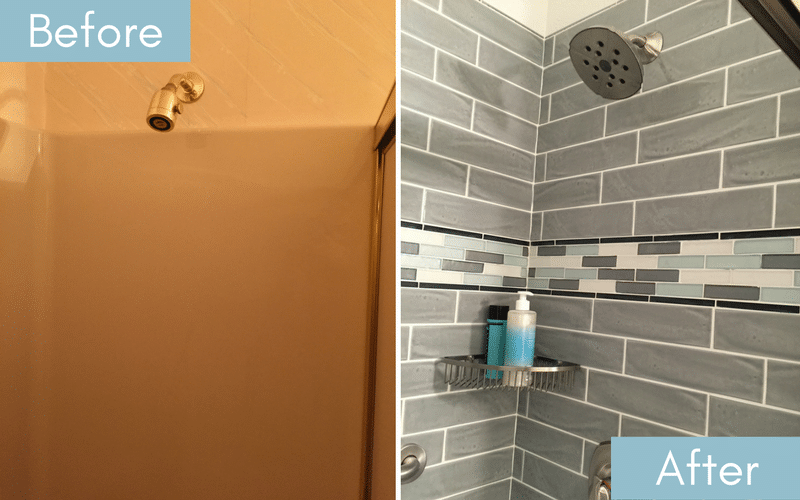 Before and after of a plain white shower next to a grey tiled shower with multi colored accent and white grout