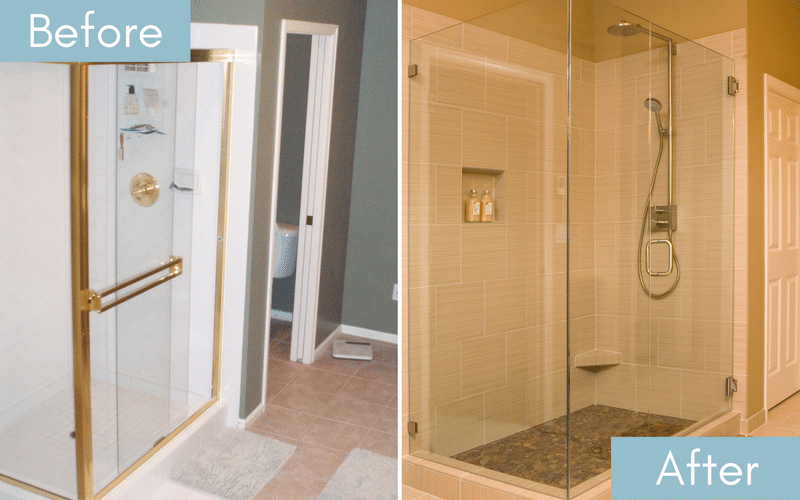 Before and after of a shower with gold accents next to a shower with all clear glass doors