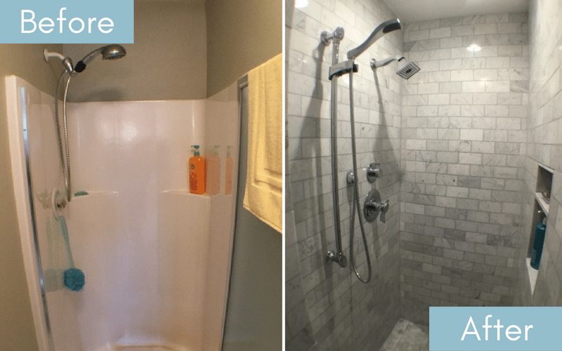 Before and after of a small white shower turned into one with grey, washed marble tiles in a brick pattern