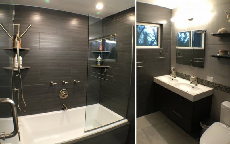 Side by side of a bathroom with gunmetal grey walls, and a white sink and tub