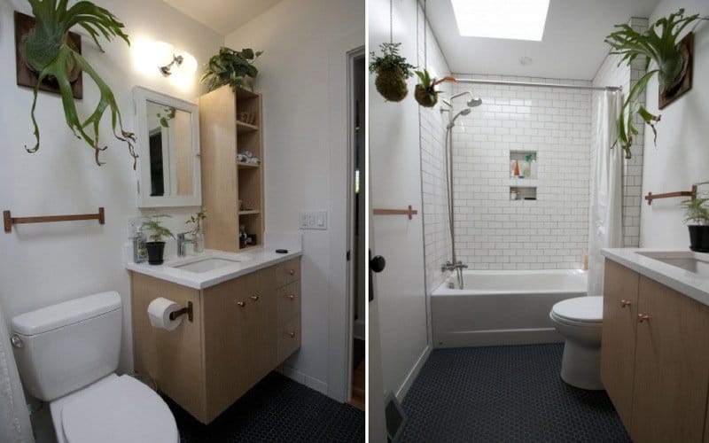Side by side of a bathroom with white tile walls and multiple plants on the walls and ceiling