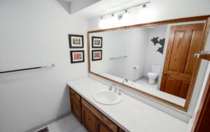 Remodeled bathroom with quartz countertop
