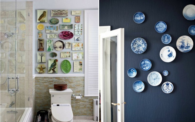 Two bathroom walls with multiple ceramic plates as decorations