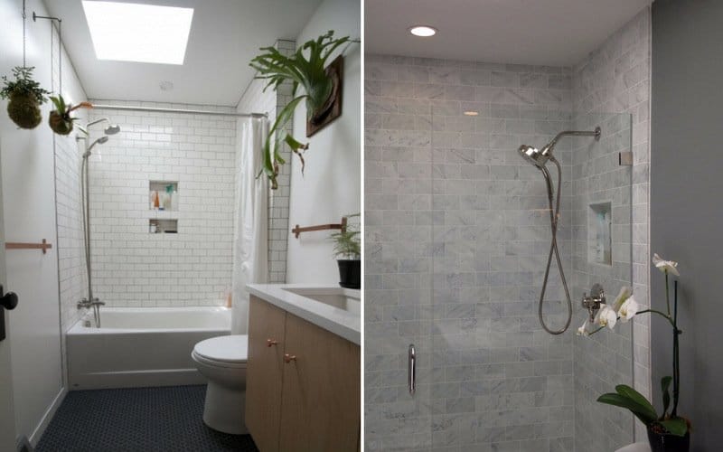 Different styles of bathroom plants including hanging pots, wall-mounted, and placed on the sink.