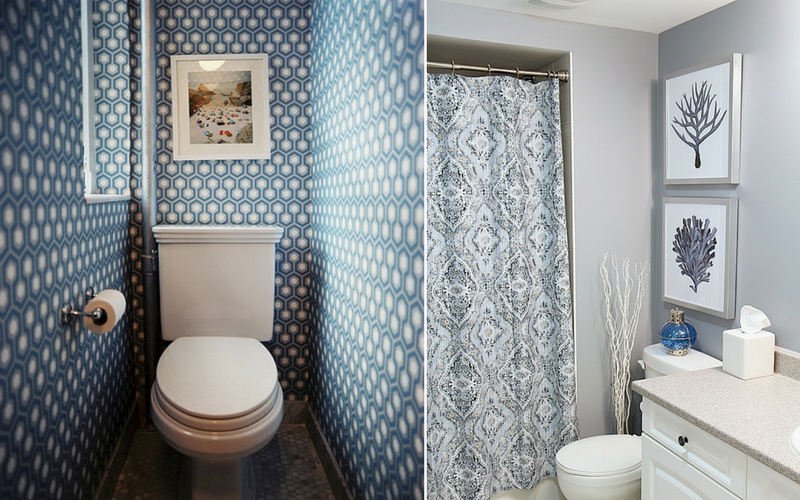 Two examples of bathroom laminated prints, with a blue, geometric design and another one in solid, light-grey. 