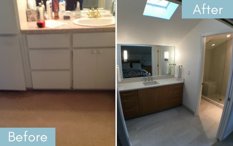 Before & after image of a bathroom with minimal lighting, and one with a skylight added