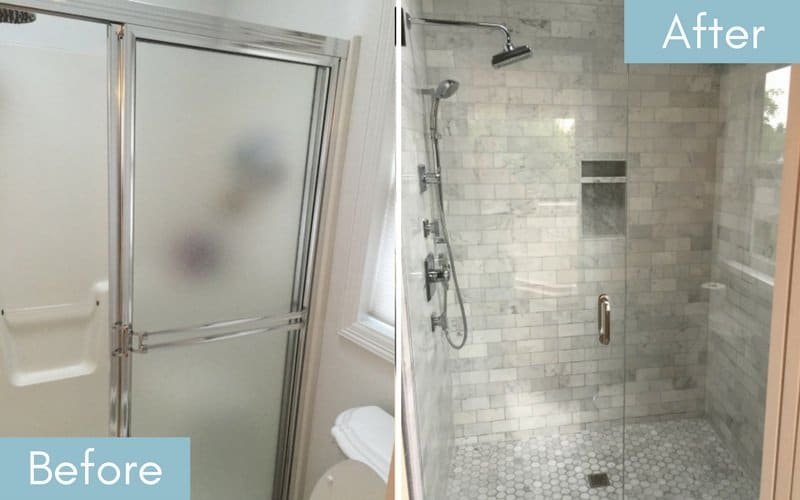 Side by side image of a shower with frosted glass doors and one with clear glass doors 