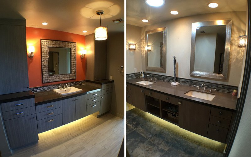Side by side image of two vanities with lighting on the immediate sides, and with spread out lighting. 