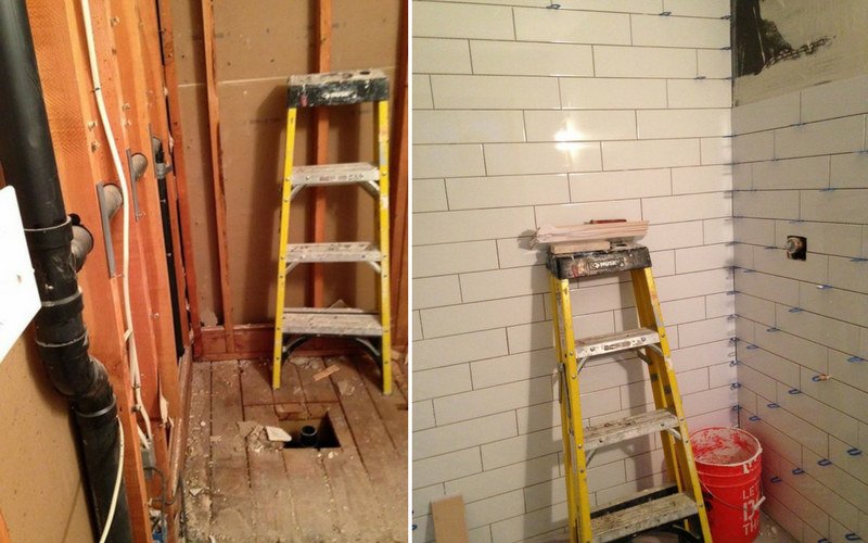 Two pictures showing bathrooms under construction 