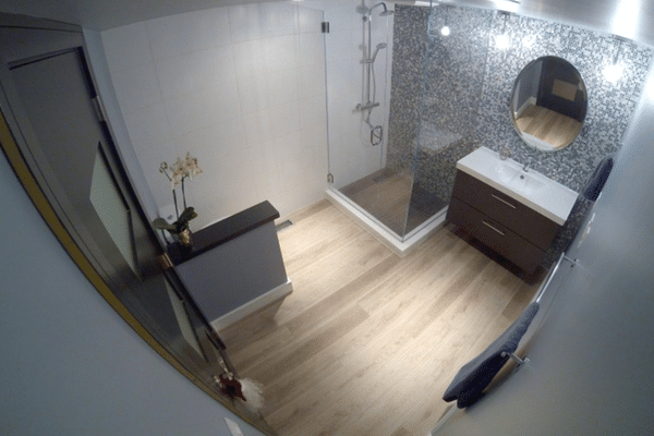 Grey walled bathroom with light wood flooring