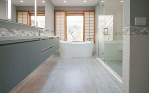 Floating bathroom vanity freestanding tub and tile shower