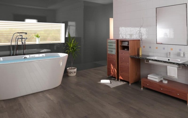 Bathroom with dark grey, wood stain patterned tile 