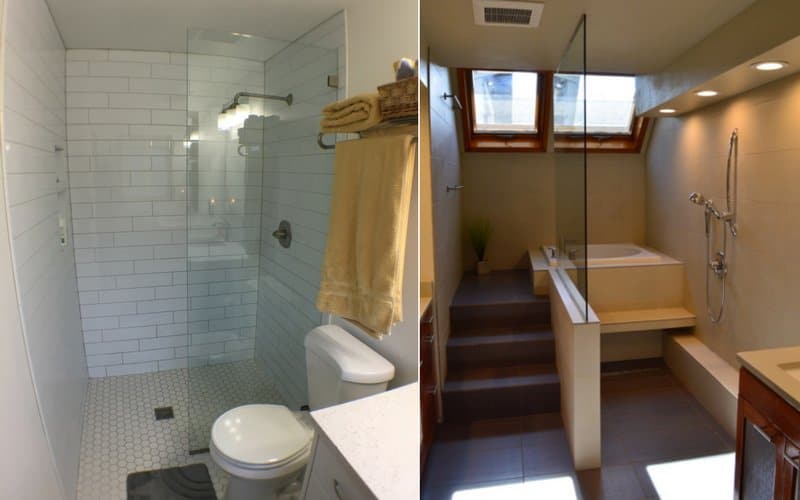 Side by side of two open-concept showers featuring no doors and a few glass panels