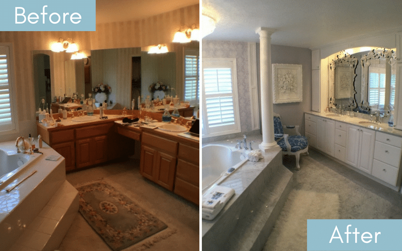 Before and after of a poorly lit bathroom and one with brighter lighting, and white tile, cabinetry and walls