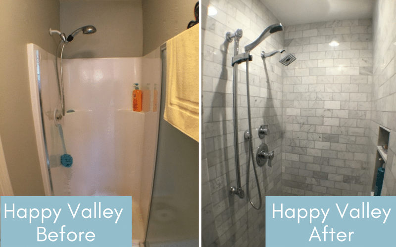 Before and after of a small, white linoleum shower and a grey tiled shower