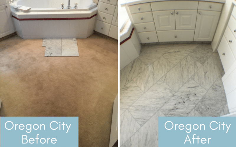 Before and after of a bathroom with brown carpet and one with grey tile