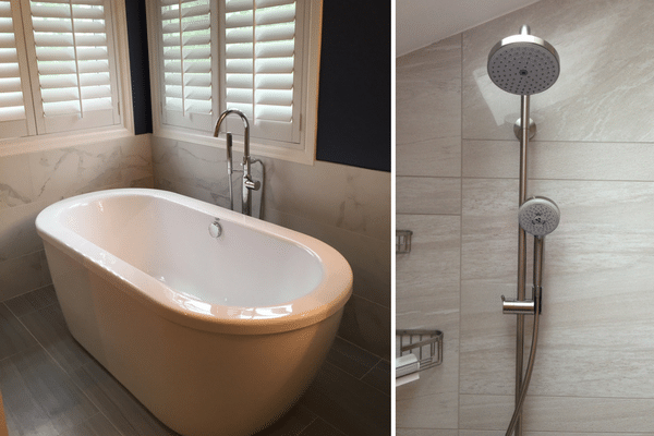 Side by side of a bathtub and a stainless steel, removable shower head