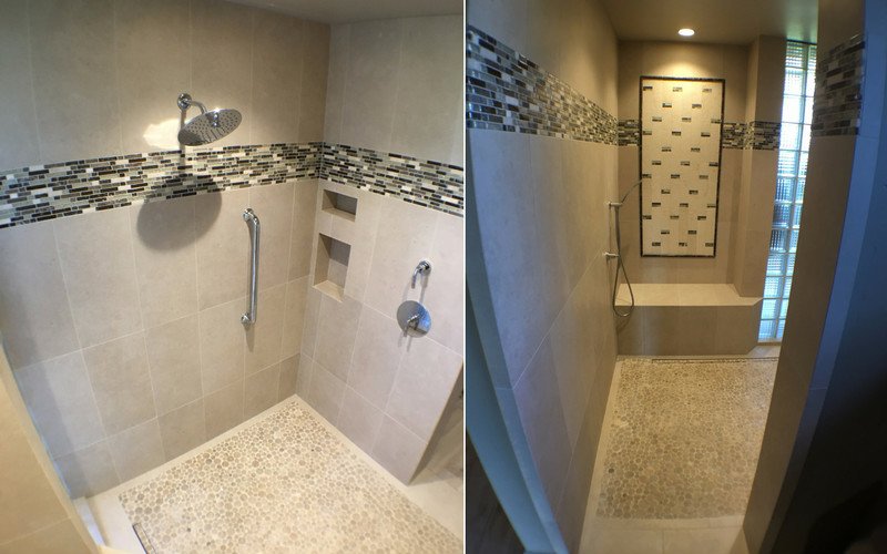 Side by side of an open shower with tan marble walls and a multi colored tile accent