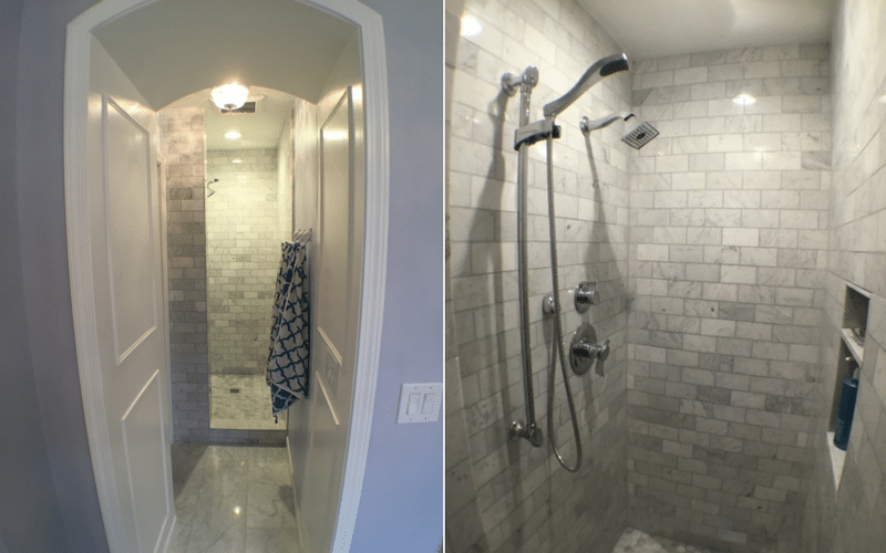 Open design shower with grey tile bricked walls