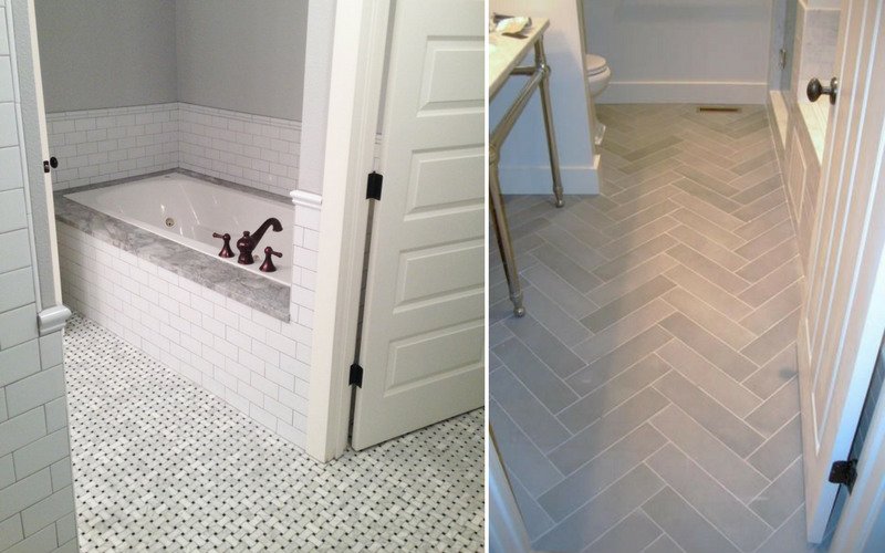 Two examples of bathroom floors with ornate tile designs, one is basket weave and the other is herringbone