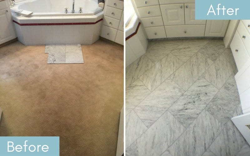 Flooring before & after from brown carpet to white marble. 