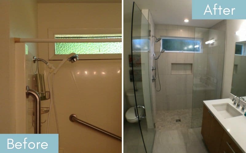 Shower before & after with new floor to ceiling tile and clear glass doors. 