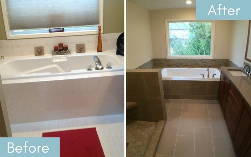 Before and after showing updated fixtures and tiling on the bath tub. 