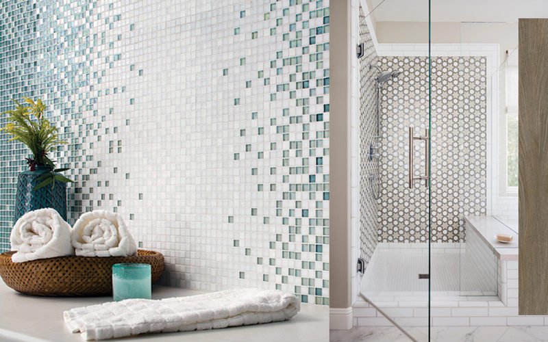 Bathroom wall with teal tile pattern and shower with a brown, geometric wall pattern