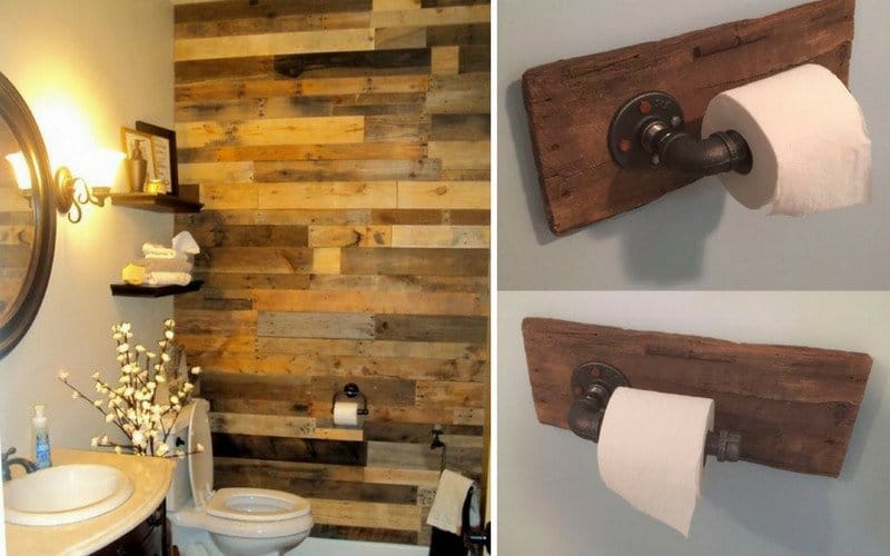 A bathroom wall made of reclaimed wood and a toilet paper holder made of reclaimed wood