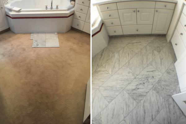 Side by side of a bathroom with a carpeted floor and one with a grey tile flooring 