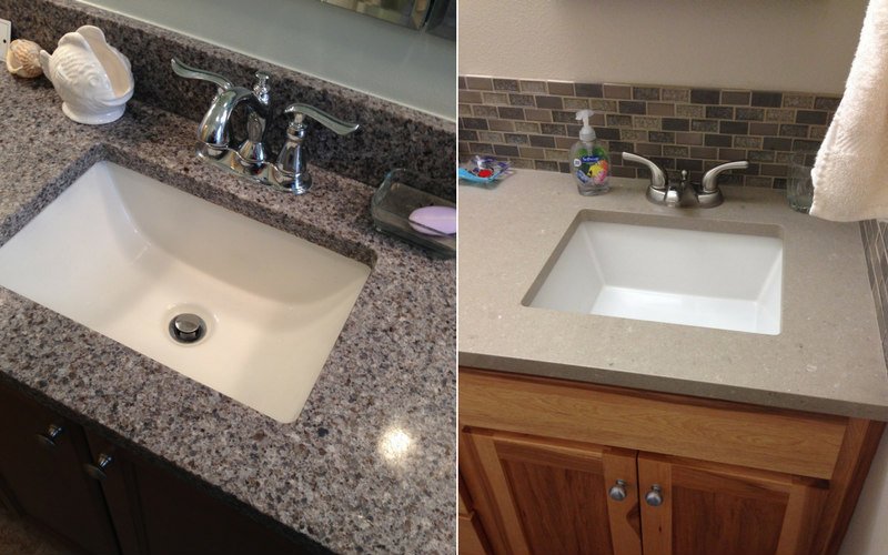Two bathroom sinks with center-set faucets