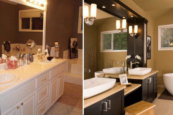 Side by side of a bathroom with an all white vanity, and one with raised sinks, and dark brown cabinetry
