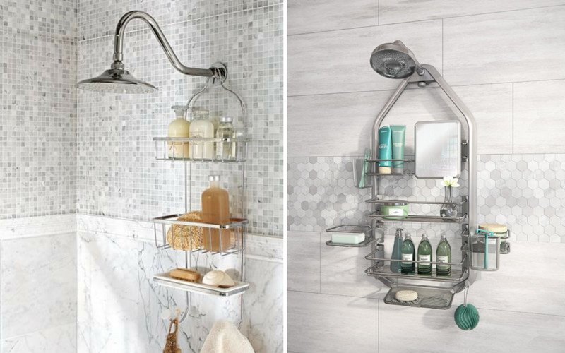 Shower heads with multi-level storage bins hanging from them