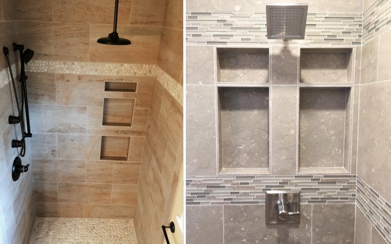 Two examples of recessed, built-in shower shelves