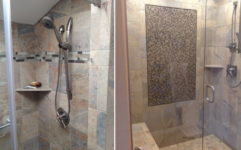 Two examples of corner shelves built into showers