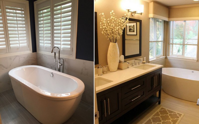 Two examples of bathrooms with either shades or blinds. 