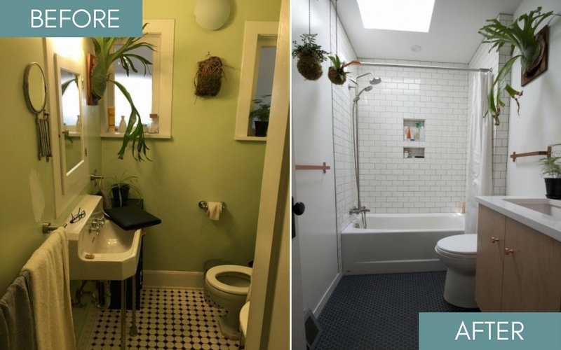 Before and after photos of small bathroom remodel