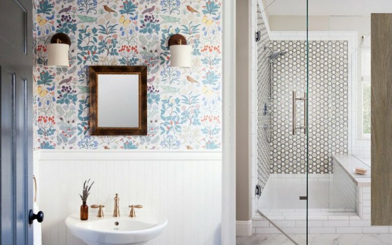 Remodeled bathroom with wallpaper and decorative tile