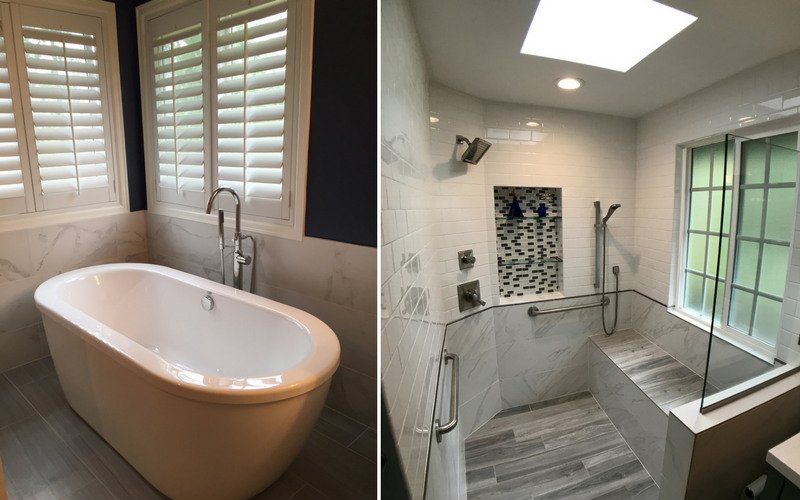Bathtub and shower with different window covering styles